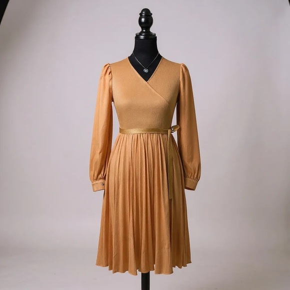 [WOMEN] CHIC WISH Knit Chiffon Dress S/M Caramel Brown Fall - Picture 4 of 10